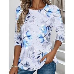 T shirt da donna a maniche lunghe con scollatura a girocollo tunica lunga floreale grafica piante vintage elegante classica top regolari stampa quotidiana weekend gialla blu verde precaldo