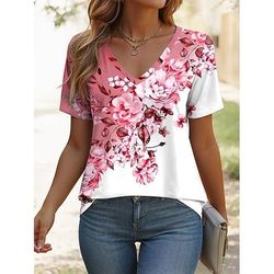 Per donna Maglietta Floreale Grafico Piante Elegante Classico Casual Manica Corta Scollo a V Top Regolari Quotidiano Weekend Stampato Rosa Blu Viola Verde Estate Primavera