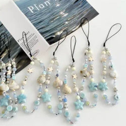 Blue Star Seashell Beaded Phone Strap Cute Charm Chain Phone Lanyard Keychain Woman Girl Bag Pendant DIY Chain For iPhone Case