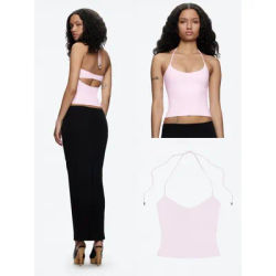 Tank Women's Pink Open Back Stretch Camisole Top Metal Accessories Self-Tie Shoulder Strap Design Low Collar Sexy Halter Top