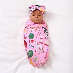 Pink Farm Fam Swaddle & Luxe Baby Girl Soft & Stretchy Bamboo Bow Headbands Set - OSFA