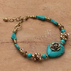 Paradisial Charmer,'Antiqued Brass and Turquoise Resin Rose Pendant Bracelet'