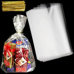 30/100/200 pieces of cellophane packaging processing bag transparent flat with color tie wire for gift packaging, bakery, candy