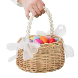 Cesto di fiori in vimini Cesto di fiori Bowknot Matrimonio Fiore romantico Decorazioni per matrimoni Cesto pasquale intrecciato a mano per snack giocattoli