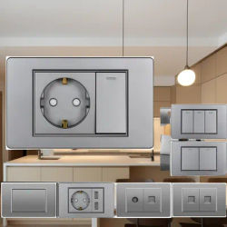 118mm EU Household German Standard Grey PC flame retardant panel 16A 2-hole Power Plug Wall Socket with Switch Combination