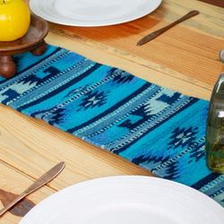 Banquet in Caribbean Blue,'Traditional 100% Wool Table Runner in Caribbean Blue Hues'