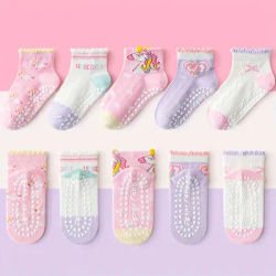 5 Pairs of Kidsren's Floor Socks with Lace Glue, Heart Unicorn Pattern, Boys and Girls, Baby Toddler Soft-Soled Shoes, Indoor Non-Slip Rainbow Pony Mid-Calf Socks, Suitable for Casual Daily Life