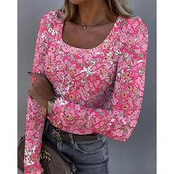 T-shirt da donna maniche lunghe rigata grafica collo quadrato maniche lunghe casual tunica floreale piante vintage elegante top regolari stampa quotidiana bianca rosa arancione verde beige primavera