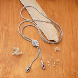 'Gold-Accented Garnet Amethyst Silver Floral Lariat Necklace'