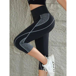Women's Color Block Yoga Leggings High Waist Patchwork Calf-Length Running Sports Stretch Tight Pants