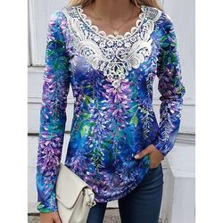 Blusa da donna tunica con pizzo e splicing collo a V maniche lunghe grafica floreale piante vintage casual girocollo tops regolari uscita weekend stampa patchwork in pizzo bianca rosa viola verde