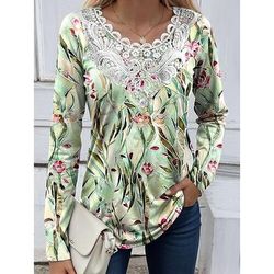 Blusa da donna tunica con pizzo e splicing collo a V maniche lunghe grafica floreale piante vintage casual girocollo tops regolari uscita weekend stampa patchwork in pizzo bianca rosa viola verde