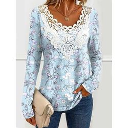 Blusa donna tunica pizzo cucito scollo a V manica lunga grafica floreale piante vintage girocollo top regolari quotidiani uscita weekend stampa pizzo nera rossa azzurro polveroso verde primavera