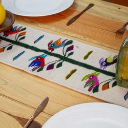 'Spring-Themed Colorful 100% Wool Table Runner from Mexico'