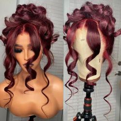 Soft Preplucked 99j Burgundy Color Body Wave 26Inch Long 180Density Lace Front Wig For Women Synthetic With Baby Hair Glueless