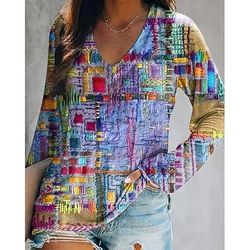 T-Shirt da Donna con Collo a V e Maniche Lunghe Grafica Casuale Fiori Piante Elegante Bohemia Vintage Stile Regolare Tops Quotidiani Uscita Weekend Stampa Marrone Verde Erba Rossa Viola Arancione