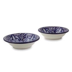 Puebla Kaleidoscope,'Talavera Style Ceramic Blue Floral Bowls(Pair)'