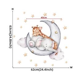 Adorable Cartoon Teddy Bear Sleeping On Moon & Stars Wall Stickers: Perfect Baby Room Decor Ele And Giraffe