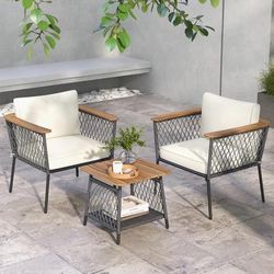Outdoor Rattan Chair Set 3 Piece Patio Furniture With 2 Tier Coffee Table & Cushions Outdoor Rattan Chair Set 3 Piece Patio Furniture With 2 Tier Coffee Table & Cushions
