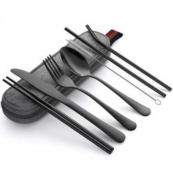 8Pcs Reusable Travel Cutlery Set With Stainless Steel Spoon, Fork, Chopsticks, Straw & Portable Case Ideal For Camping black