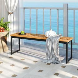 51" Patio Dining Bench Backless, Slatted Acacia Wood Seat & Sturdy Metal Legs 51" Patio Dining Bench Backless, Slatted Acacia Wood Seat & Sturdy Metal Legs