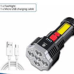 High Power LED Flashlight With COB Side Light: Lightweight Outdoor Lighting, Rechargeable Torch, ABS Material Powerful 5LED Package A