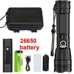 Rechargeable LED Tactical Flashlight With Telescopic Zoom For Outdoor Camping Or Fishing 26650 Battery Box