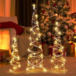 LED Lighted Rattan Cone Trees, Set Of 3 Decorative Metal Frame Holiday Trees LED Lighted Rattan Cone Trees, Set Of 3 Decorative Metal Frame Holiday Trees