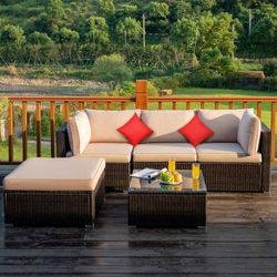 5 Piece Outdoor Patio Rattan Furniture Set, Sectional Conversation Set With Cushions & Coffee Table 5 Piece Outdoor Patio Rattan Furniture Set, Sectional Conversation Set With Cushions & Coffee Table