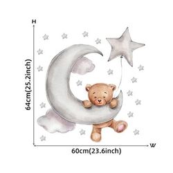 Adorable Cartoon Teddy Bear Sleeping On Moon & Stars Wall Stickers: Perfect Baby Room Decor ear 108