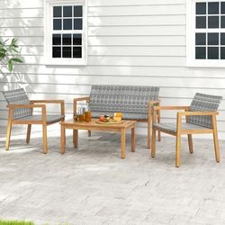 4 Piece Patio Furniture Set With Loveseat, Single Chairs & Coffee Table, Acacia Wood & PE Rattan 4 Piece Patio Furniture Set With Loveseat, Single Chairs & Coffee Table, Acacia Wood & PE Rattan