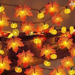 Artificial Fall Maple Leaves Pumpkin Garland LED Autumn Decorations Halloween & Thanksgiving Party Supplies B