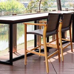 Acacia Wood Bar Chairs (Set Of 2), PE Wicker Patio Stools With Comfortable Armrests & Sturdy Frame Acacia Wood Bar Chairs (Set Of 2), PE Wicker Patio Stools With Comfortable Armrests & Sturdy Frame