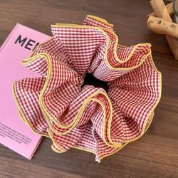 Retro Colorful Ruffle Hair Scrunchies Sweet Headbands & Rubber Bands Set pink Checkered