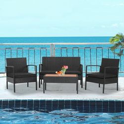 4 Piece Cushioned Patio Rattan Set With Wooden Tabletop, Weather Resistant Outdoor Furniture 4 Piece Cushioned Patio Rattan Set With Wooden Tabletop, Weather Resistant Outdoor Furniture