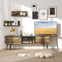Modern Walnut TV Stand For 85 Inch TV, Mid Century Media Console With Storage Cabinets & Floating Wall Mounted Shelves Modern Walnut TV Stand For 85 Inch TV, Mid Century Media Console With Storage Cabinets & Floating Wall Mounted Shelves