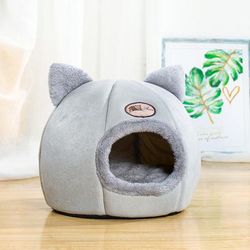 Winter Cat Bed Cozy Deep Sleep Comfort Cave For Cats & Small Dogs Warm Pet Tent Nest With Non Slip Bottom light Grey 14.5 X 14.5 X 14.5 Inch