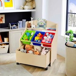 Kids Wooden Toy Storage Unit Organizer With Rolling Toy Box & Plastic Bins Large Toy Organizer For Playroom & Nursery Kids Wooden Toy Storage Unit Organizer With Rolling Toy Box & Plastic Bins Large Toy Organizer For Playroom & Nursery