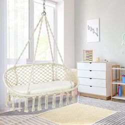 Macrame Hammock Swing Chair For Two Heavy Duty Steel Frame, Detachable Cushion, Bohemian Patio & Garden Hanging Seat Macrame Hammock Swing Chair For Two Heavy Duty Steel Frame, Detachable Cushion, Bohemian Patio & Garden Hanging Seat