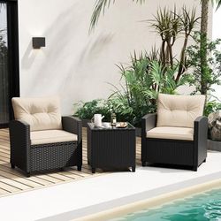 3 Piece Patio Furniture Set With Tempered Glass Coffee Table, Outdoor Wicker Sofa & Chairs 3 Piece Patio Furniture Set With Tempered Glass Coffee Table, Outdoor Wicker Sofa & Chairs
