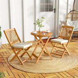 3 Piece Acacia Wood Patio Folding Bistro Set With Soft Cushions Space Saving Outdoor Furniture 3 Piece Acacia Wood Patio Folding Bistro Set With Soft Cushions Space Saving Outdoor Furniture