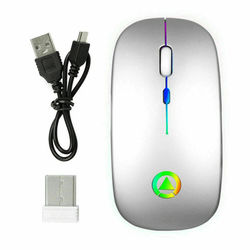 Wireless Optical Mouse, USB Rechargeable RGB Cordless Mice For PC & Laptop silver