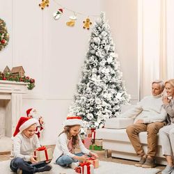 7 Feet Snow Flocked Christmas Tree With Poinsettia Flowers, White Berries, Realistic Full Artificial Tree For Decor 7 Feet Snow Flocked Christmas Tree With Poinsettia Flowers, White Berries, Realistic Full Artificial Tree For Decor
