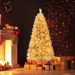 Pre Lit Artificial Christmas Tree With Warm LED Lights, Silver Tinsel Xmas Tree For Home, Party & Holiday Decoration Pre Lit Artificial Christmas Tree With Warm LED Lights, Silver Tinsel Xmas Tree For Home, Party & Holiday Decoration