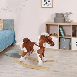 Plush Wood Kids Ride On Rocking Horse Toy, Traditional Pony With Neigh Sound, Safe & Fun Toddler Gift, Indoor Rocker Plush Wood Kids Ride On Rocking Horse Toy, Traditional Pony With Neigh Sound, Safe & Fun Toddler Gift, Indoor Rocker