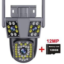6K 12MP WiFi Surveillance Camera Outdoor, Triple Lens, Triple Screen, PTZ, Motion Detection, IP Security Camera pc26 Cam Add 128g