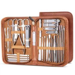 Professional Stainless Steel Manicure And Pedicure Set Grooming Kit With Scissors And Nail Tools 32pcs Brown silver