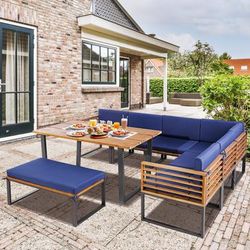 Acacia Wood Patio Dining Set, 8 Piece Outdoor Furniture With Ottoman, Corner Sofa & Umbrella Hole Acacia Wood Patio Dining Set, 8 Piece Outdoor Furniture With Ottoman, Corner Sofa & Umbrella Hole