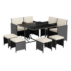 Modern Patio Dining Set With Tempered Glass Table And Cushioned Ottomans, Space Saving Outdoor Furniture For Backyard Modern Patio Dining Set With Tempered Glass Table And Cushioned Ottomans, Space Saving Outdoor Furniture For Backyard