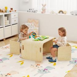 3 Piece Kids Wooden Table And Chair Set, Multi Functional, Space Saving Childrens Furniture 3 Piece Kids Wooden Table And Chair Set, Multi Functional, Space Saving Childrens Furniture